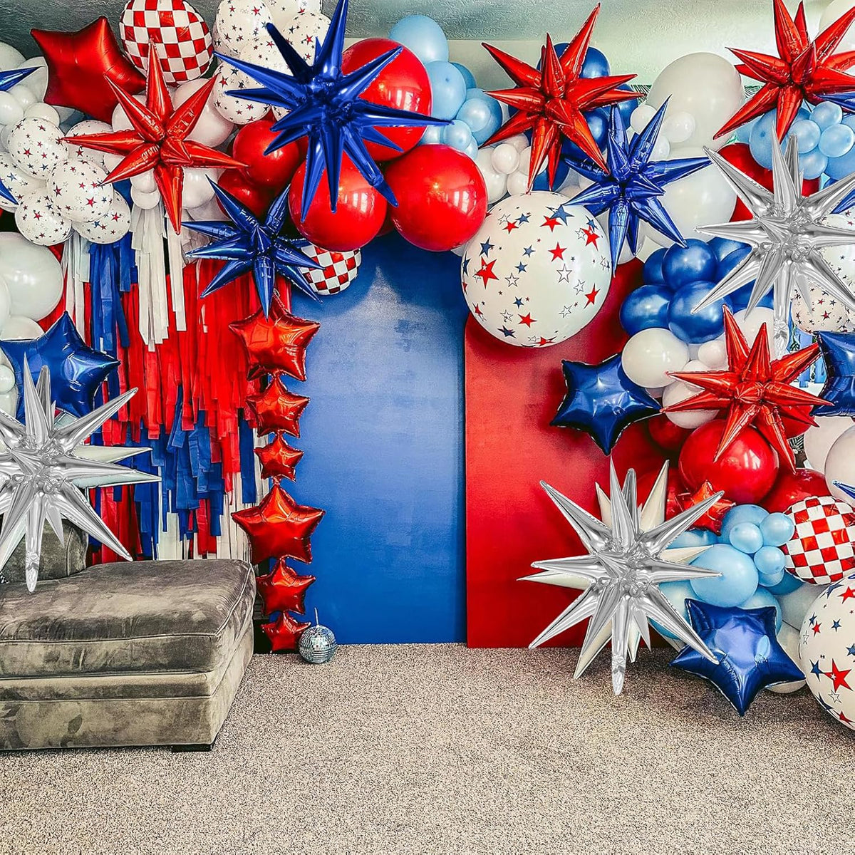 Red Blue Silver Star Balloons,9Pcs 22Inch Blue Red Silver Explosion Spike Cone Helium Polyester