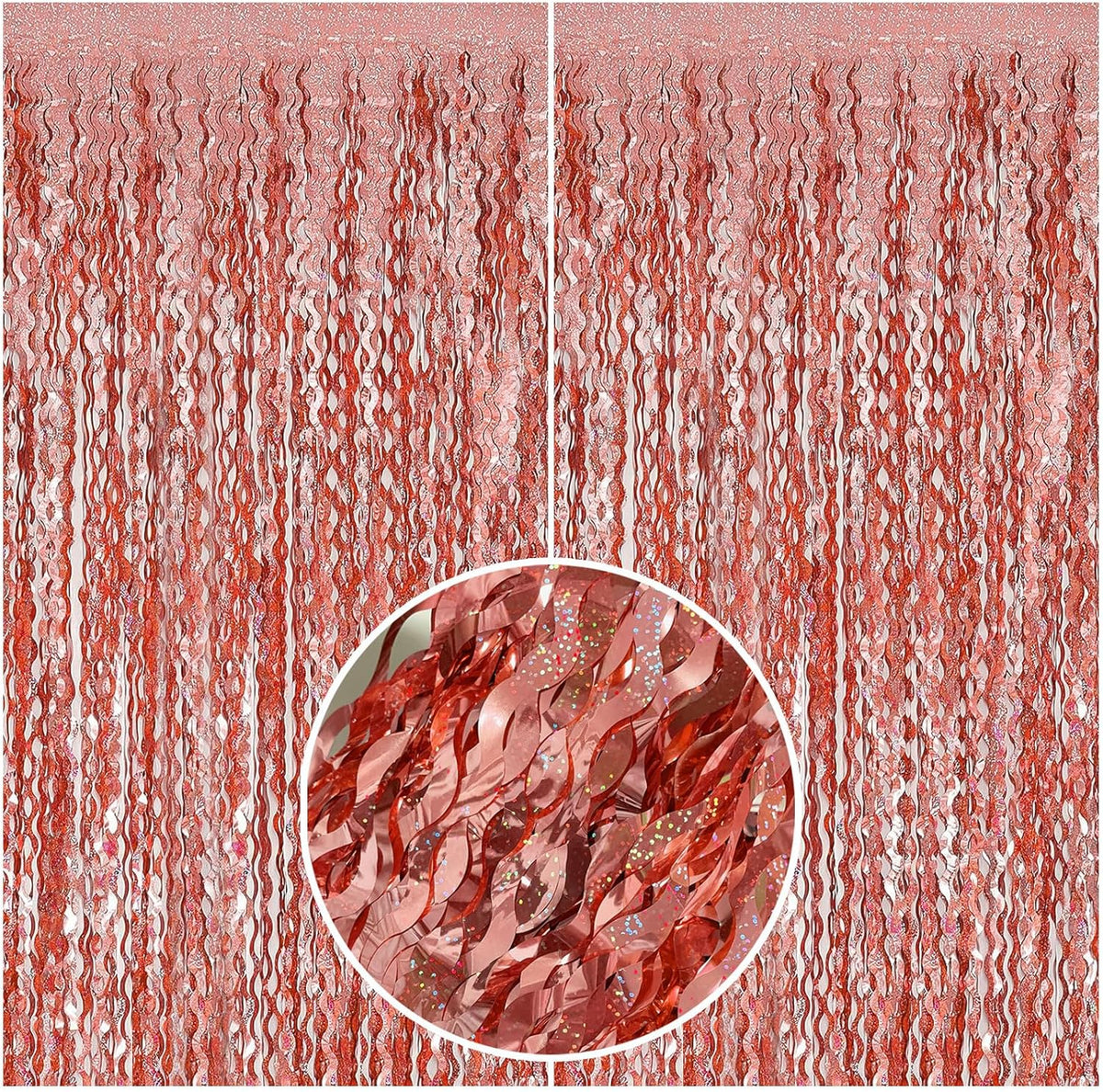 Rose Gold Tinsel Foil Fringe Curtains Wavy Backdrop for Parties Sparkle Metallic Wavy Foil Fringe