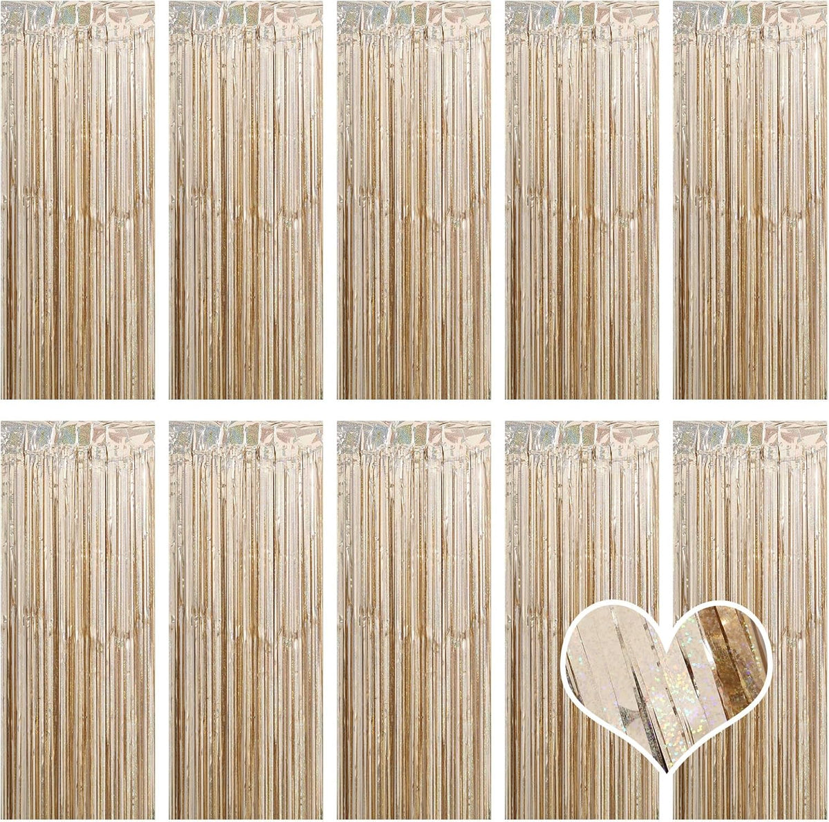 10 Pack Champagne Gold Backdrop Curtain 3.2ft x 8.2ft Metallic Tinsel Foil Fringe Curtains Photo