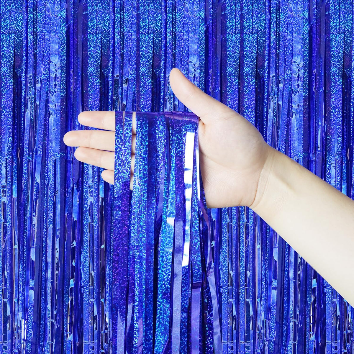 QRabbit 4 Pack Backdrop Curtains, Blue Foil Fringe Curtain Tinsel Backdrop, Party Streamers for