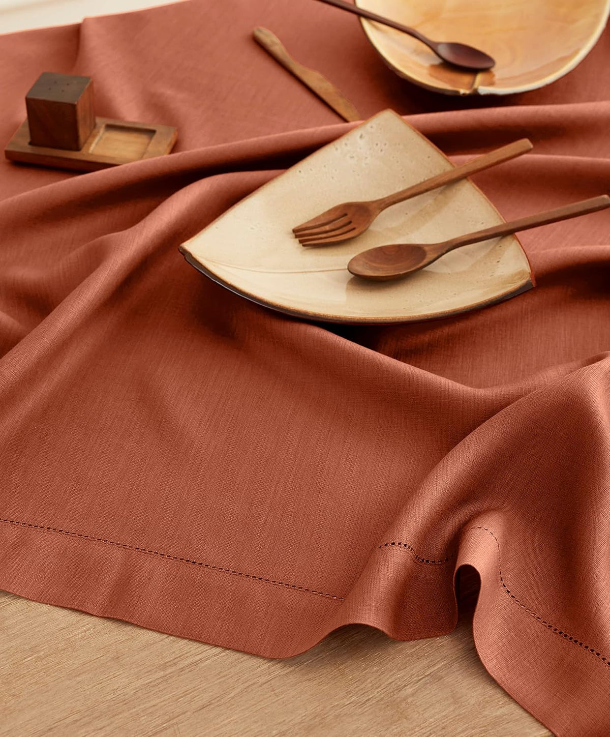 Solino Home Linen Tablecloth 60 x 156 Inch - Classic Hemstitch 100% Pure Linen Cinnamon Table Cloth