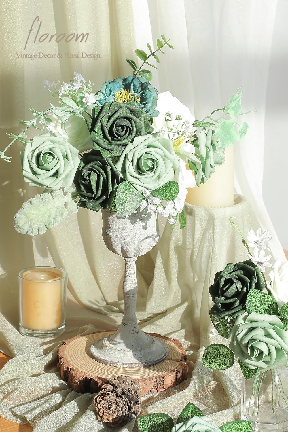 Floroom Artificial Flowers 25pcs Real Looking Sage Green & Emerald Green Foam Fake Roses with Stems