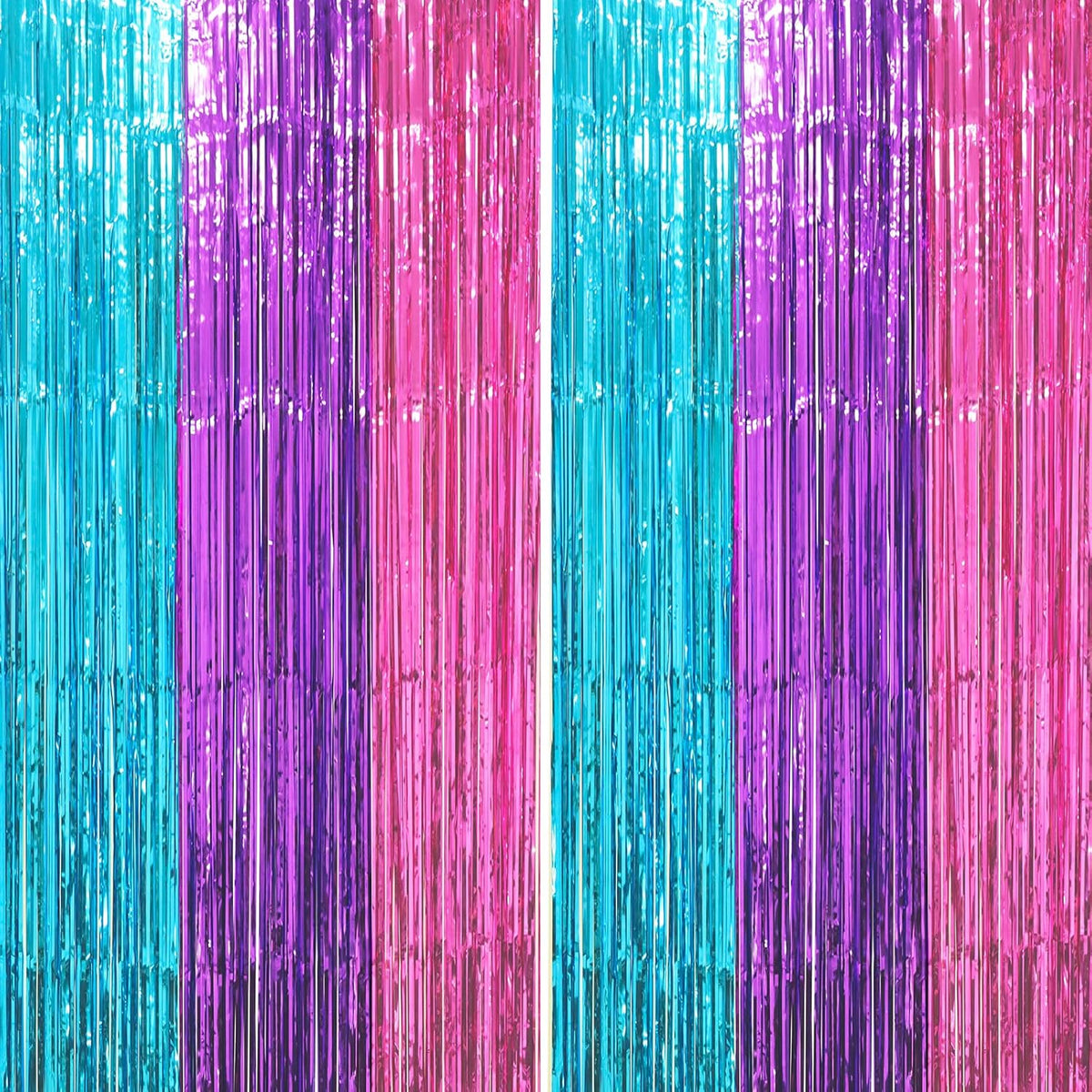 2 Pack Blue Purple Pink Foil Fringe Backdrop Curtains, Tinsel Streamers Party Decorations, Fringe
