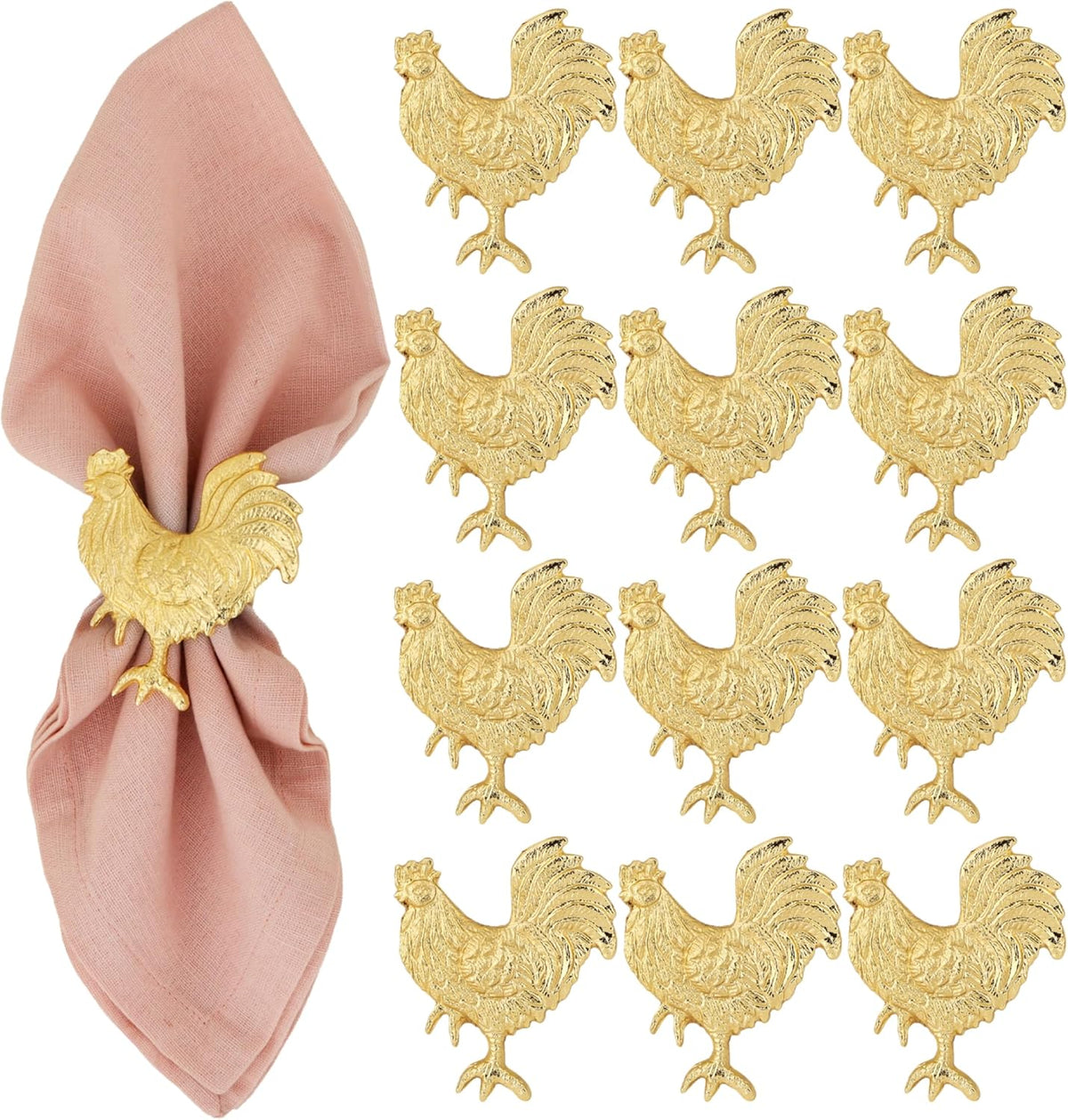 Set of 12 Rooster Napkin Rings for Farmhouse Table Decor | Premium Metal Chicken Dinnerware Holders