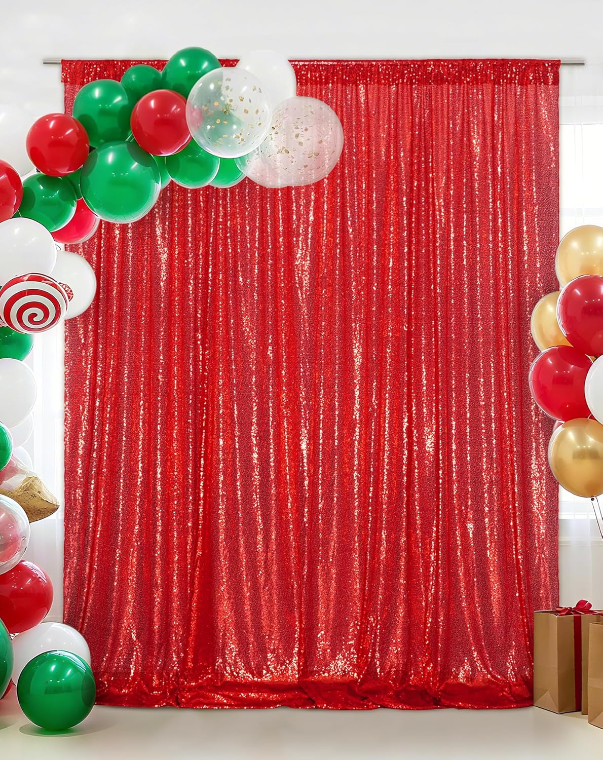 Eternal Beauty Red Sequin Backdrop, 6x8 Ft Glitter Background Curtains for Christmas Shimmer