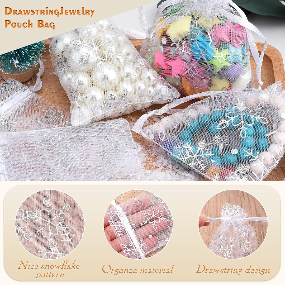 jijAcraft 3x4 Inch Christmas Organza Bags - 50Pcs White Snowflake Gift Bags with Drawstring, Xmas
