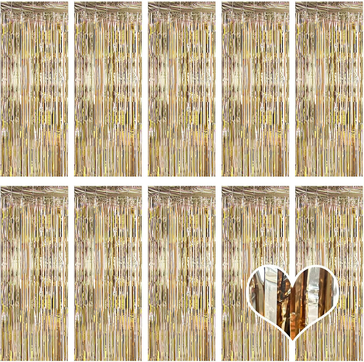 10 Pack Champagne Gold Backdrop Curtain 3.2ft x 8.2ft Metallic Tinsel Foil Fringe Curtains Photo
