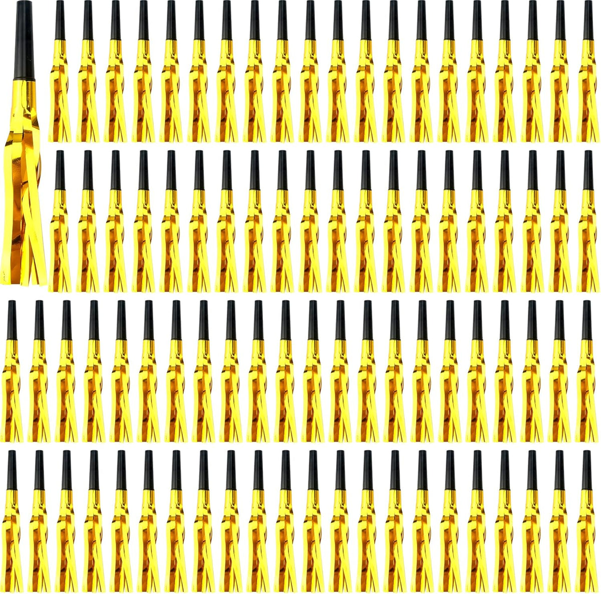 102 Pieces Glitter Gold Fringed Noise Maker Musical Blow Outs Musical Blowouts whistle Party Blow