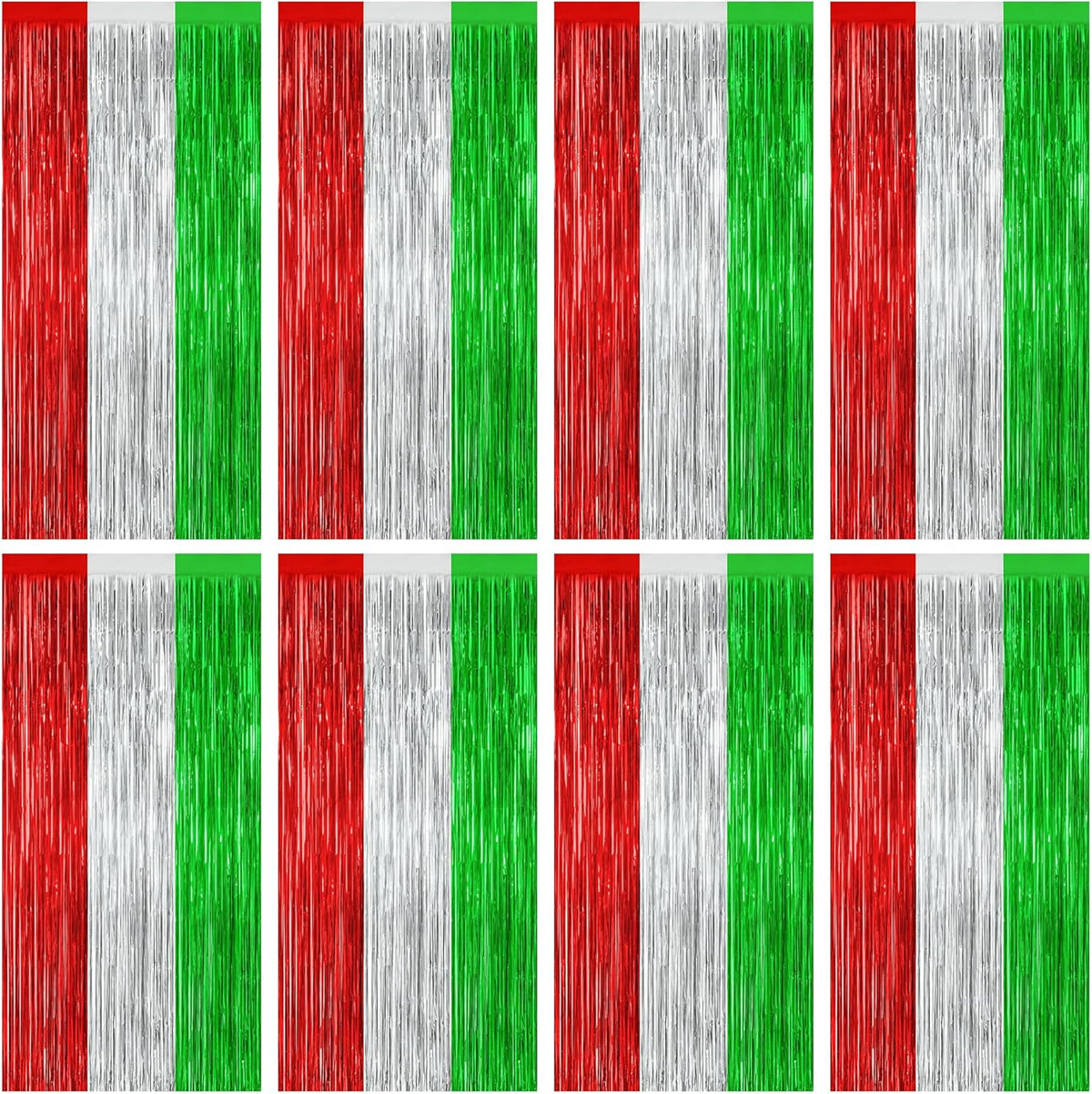 8 Pack Christmas Photo Backdrop, 3.28 FT x 7.05 FT Red Silver Green Party Streamer, Metallic Foil