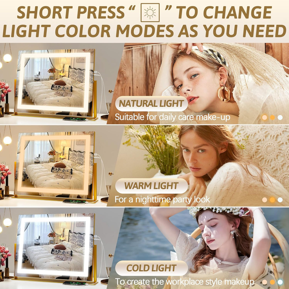 Vanity Mirror with Lights 22"x18", Lighted Makeup Mirror with 10X Magnification, Smart Touch 3