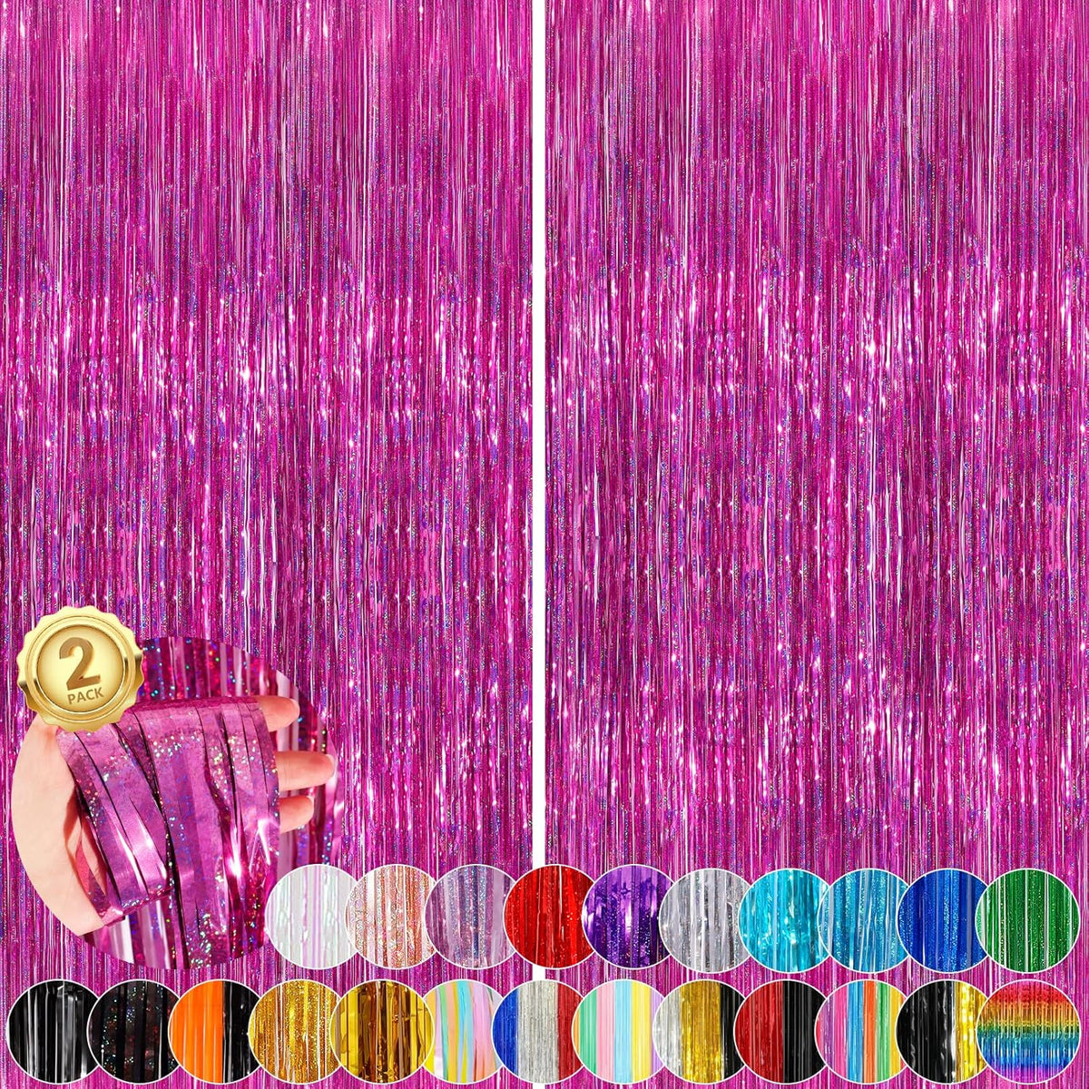 Rose Pink Party Streamers 2 Pack Glitter Foil Fringe Curtain 3.3 x 8.3ft Pink Party Decor Photo