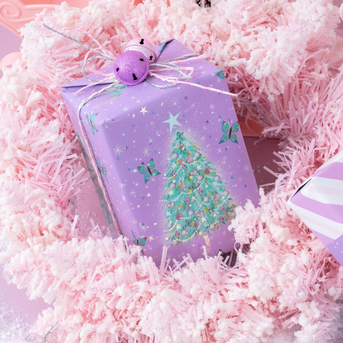 LeZakaa Christmas Purple Wrapping Paper Mini Roll, Christmas Tree Butterfly, Pink Purple Stripe