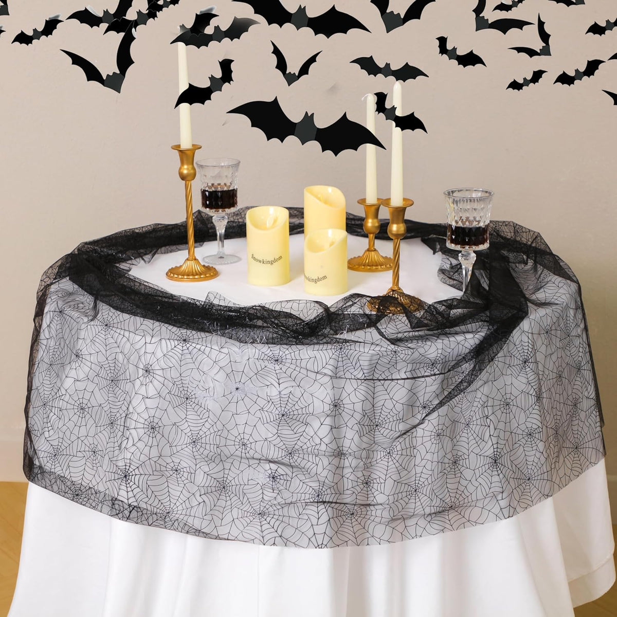 Snowkingdom Halloween Table Runner, 10 FT Black Spider Web Runners Metallic Sequin Sheer Chiffon