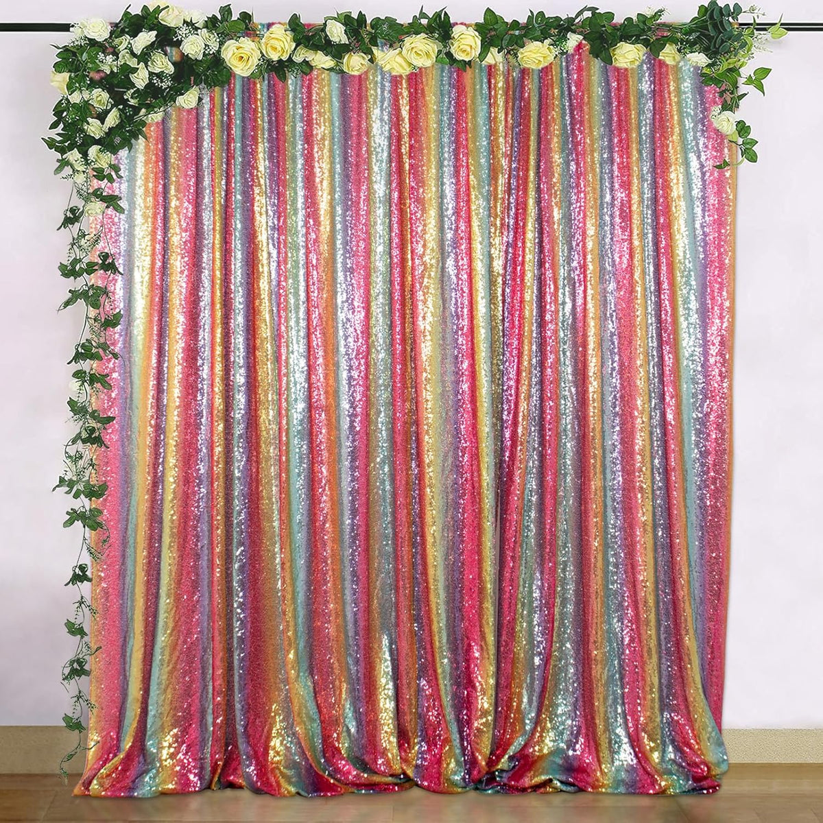 ShinyBeauty Sequin Backdrop Rainbow 10FTx10FT Fabric Curtain Shimmer Wall Backdrops for Photography