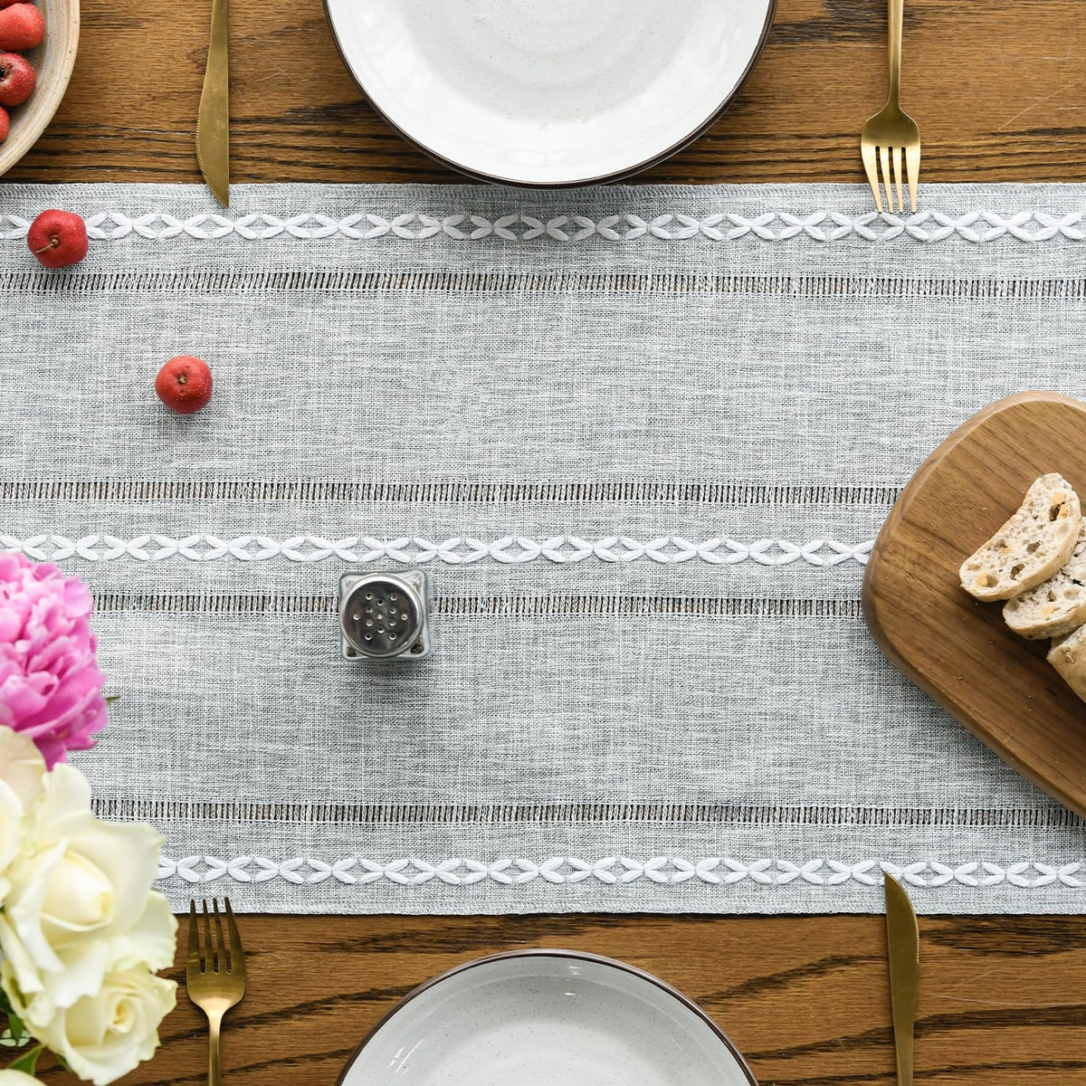 Artoid Mode Grey Rustic Cotton Linen Table Runner, Seasonal Embroidered Hollow Kitchen Dining Table