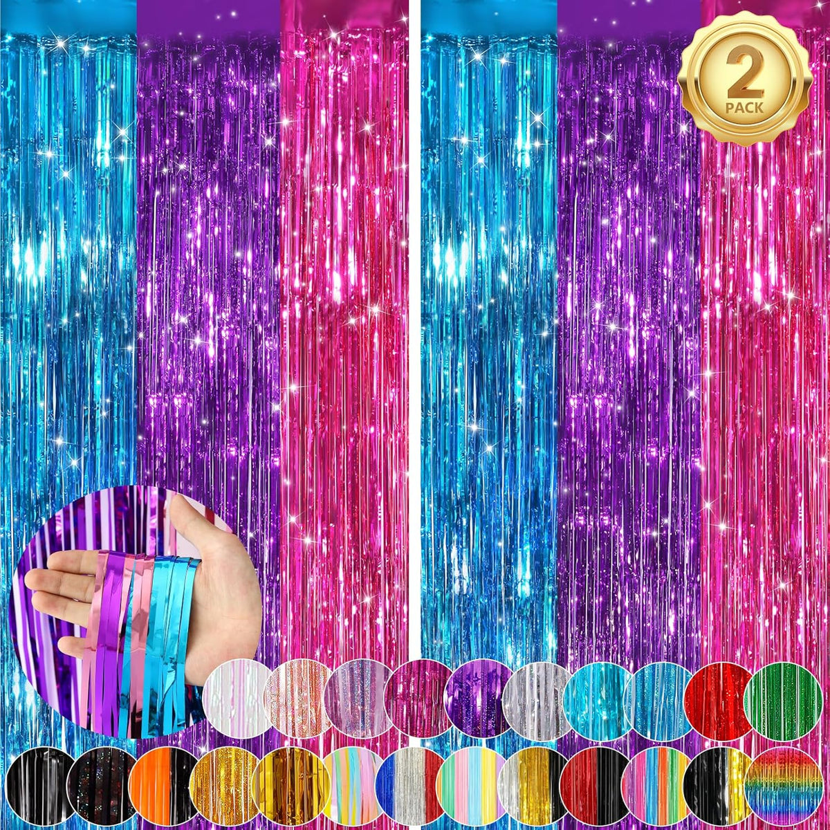 Rainbow Fringe Curtain Party Streamers 2Pack 3.3x8.3 Ft Foil Fringe Backdrop Curtains for Birthday