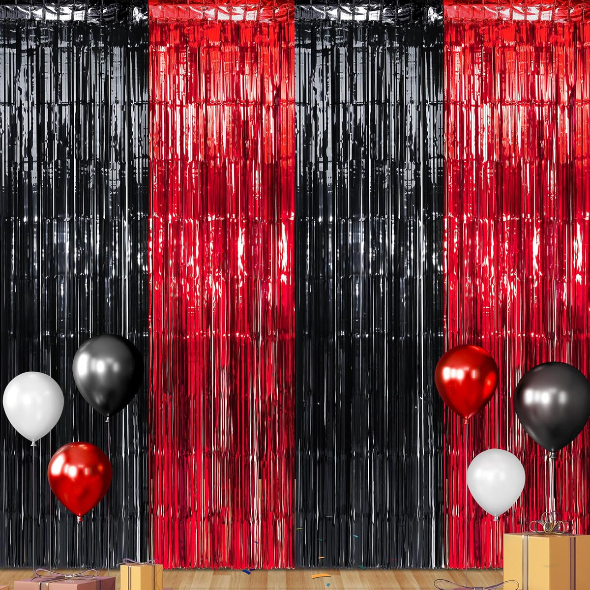 3 Pack 3.3Ft x 6.6Ft Graduation Foil Fringe Curtain Backdrop Decorations, Red Black Metallic Tinsel