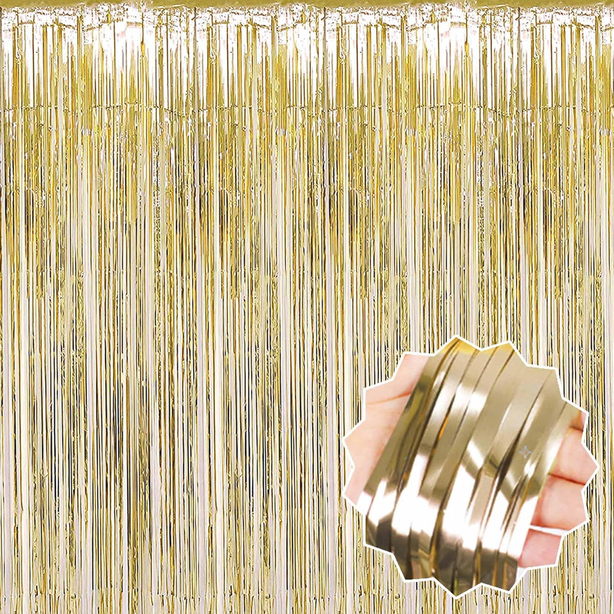 3 Pack Light Gold Foil Fringe Curtains Backdrop, 3.28 x 9.8 Ft Metallic Streamers Tinsel Curtains