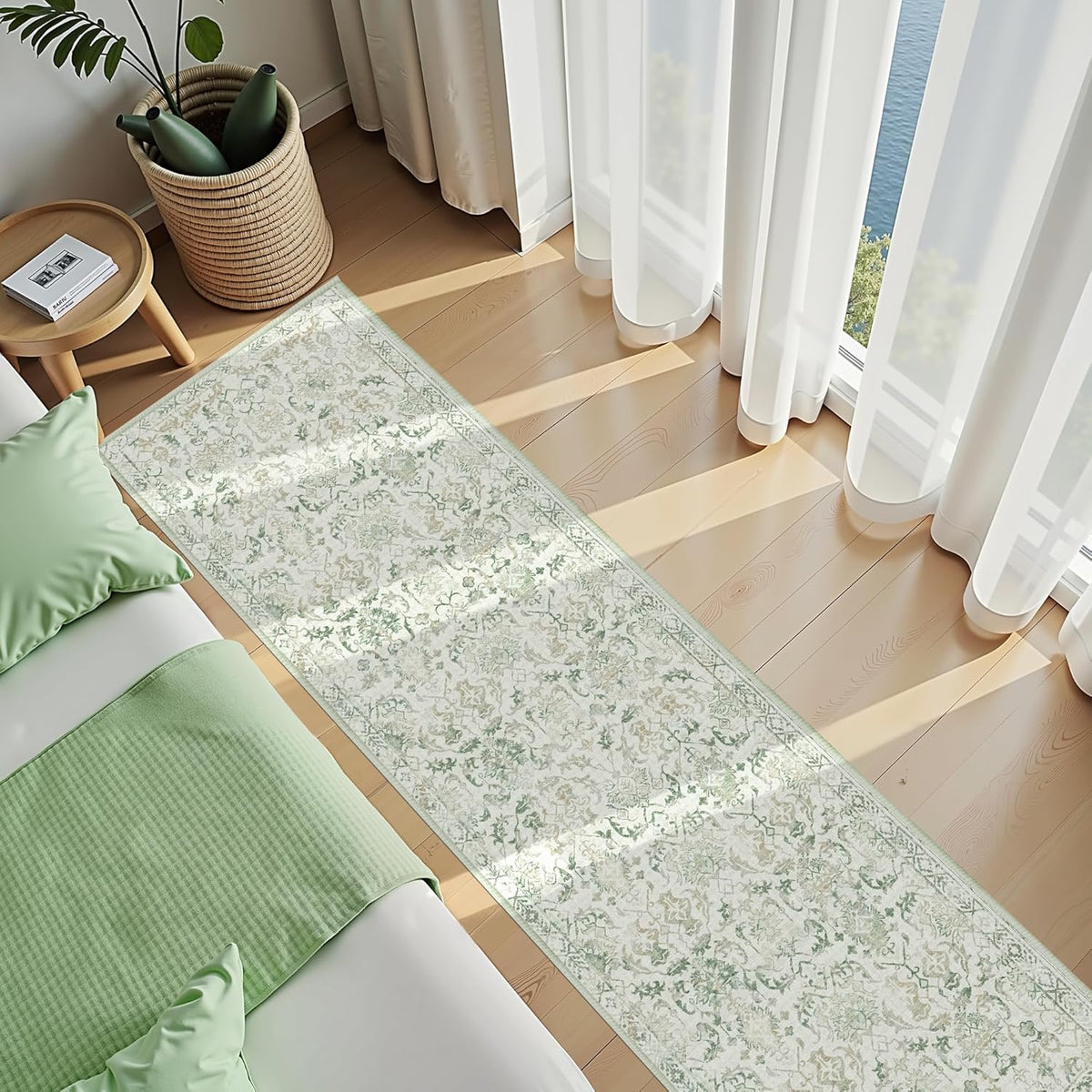 Green 3x12 Runner Rug for Hallways Bed Side Kitchen, Boho Washable Distressed Low-Pile Floor