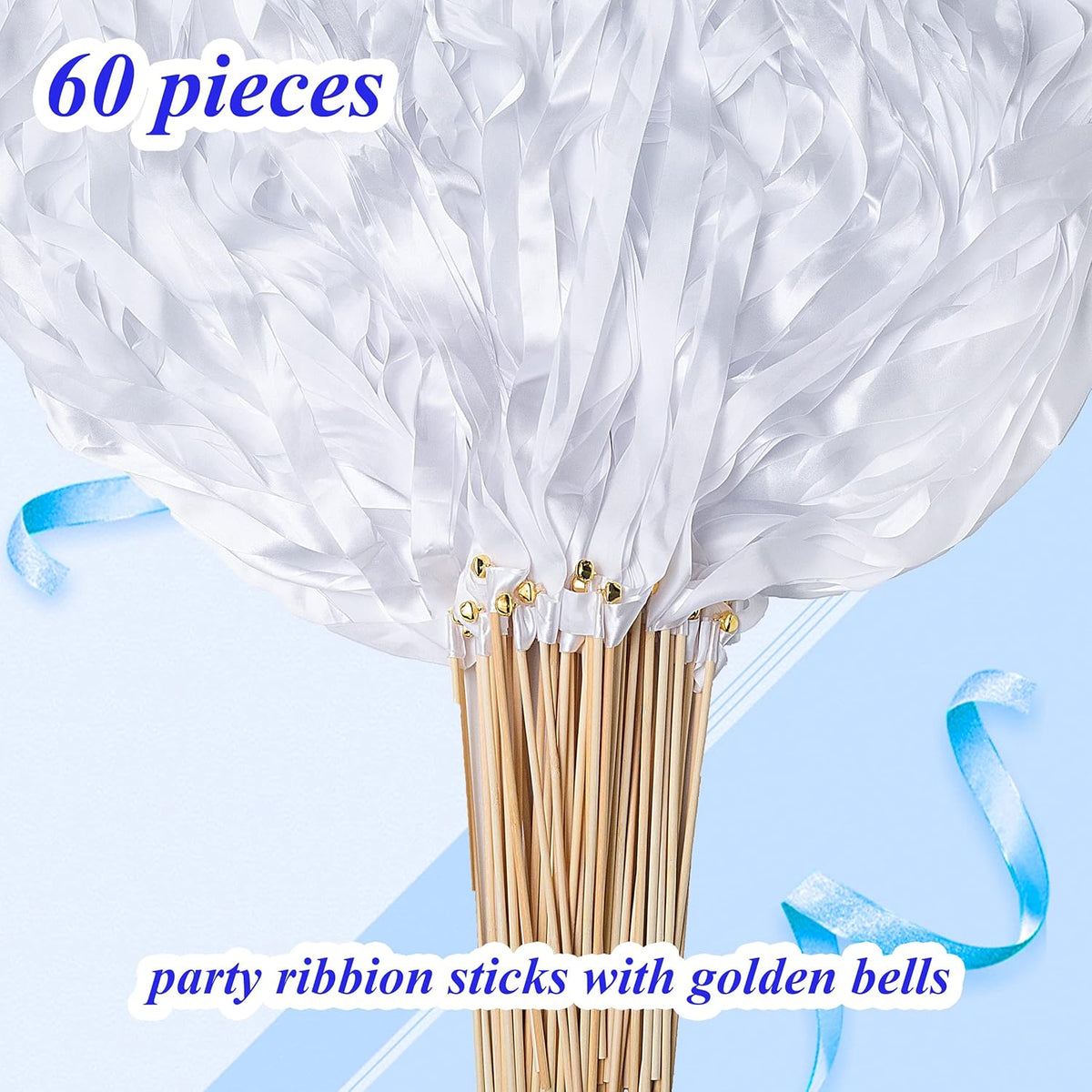 60 Pieces Wedding Colorful Ribbon with Bells, Party Ribbons Streamers Sticks Magic Wish Fairy Wand