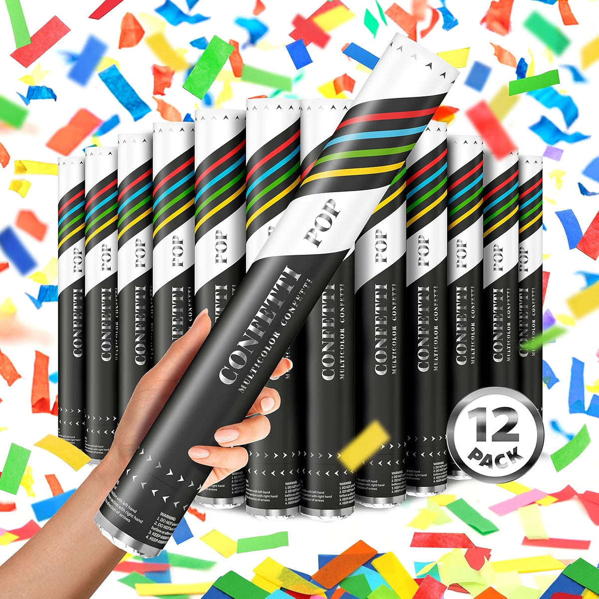 16" Confetti Poppers Cannon - 12pack Extra Large Party Poppers, Confetti Shooters, Multicolor