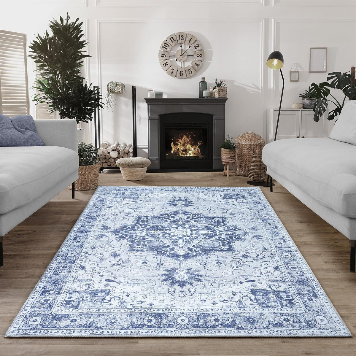 Bloom Rugs Washable Non-Slip 4' x 6' Rug - Gray/Blue Traditional Medallion Area Rug for Living