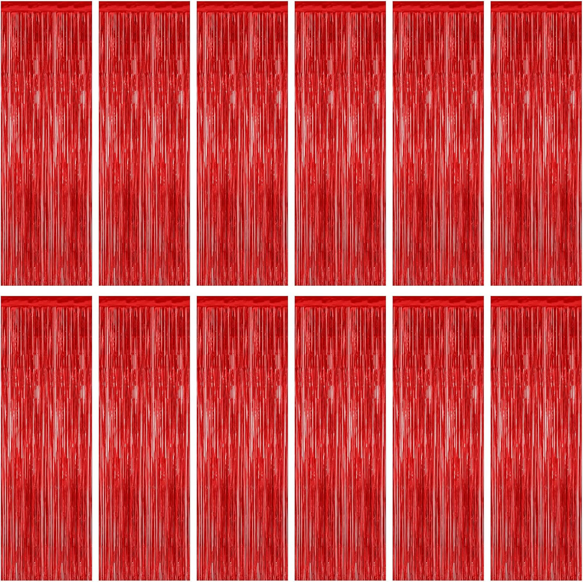 12 Pack Red Curtains, 3.28 FT x 7.05 FT Party Streamer, Metallic Party Backdrop Birthday Streamer