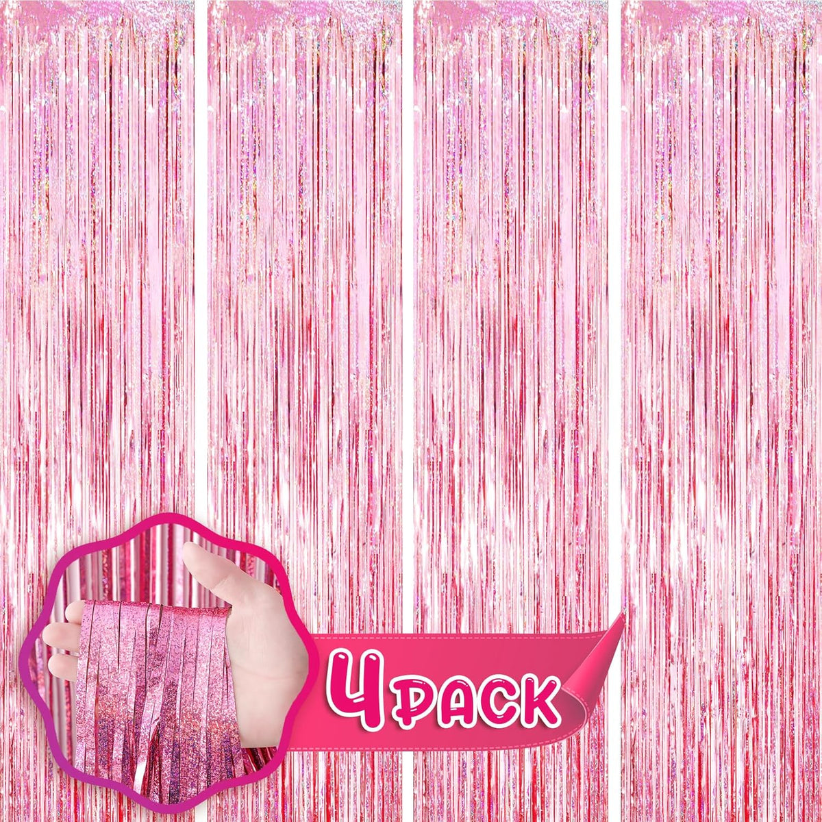 4 Pack 3.3x8.2 Feet Laser Pink Foil Fringe Backdrop Curtains, Tinsel Streamers Birthday Party