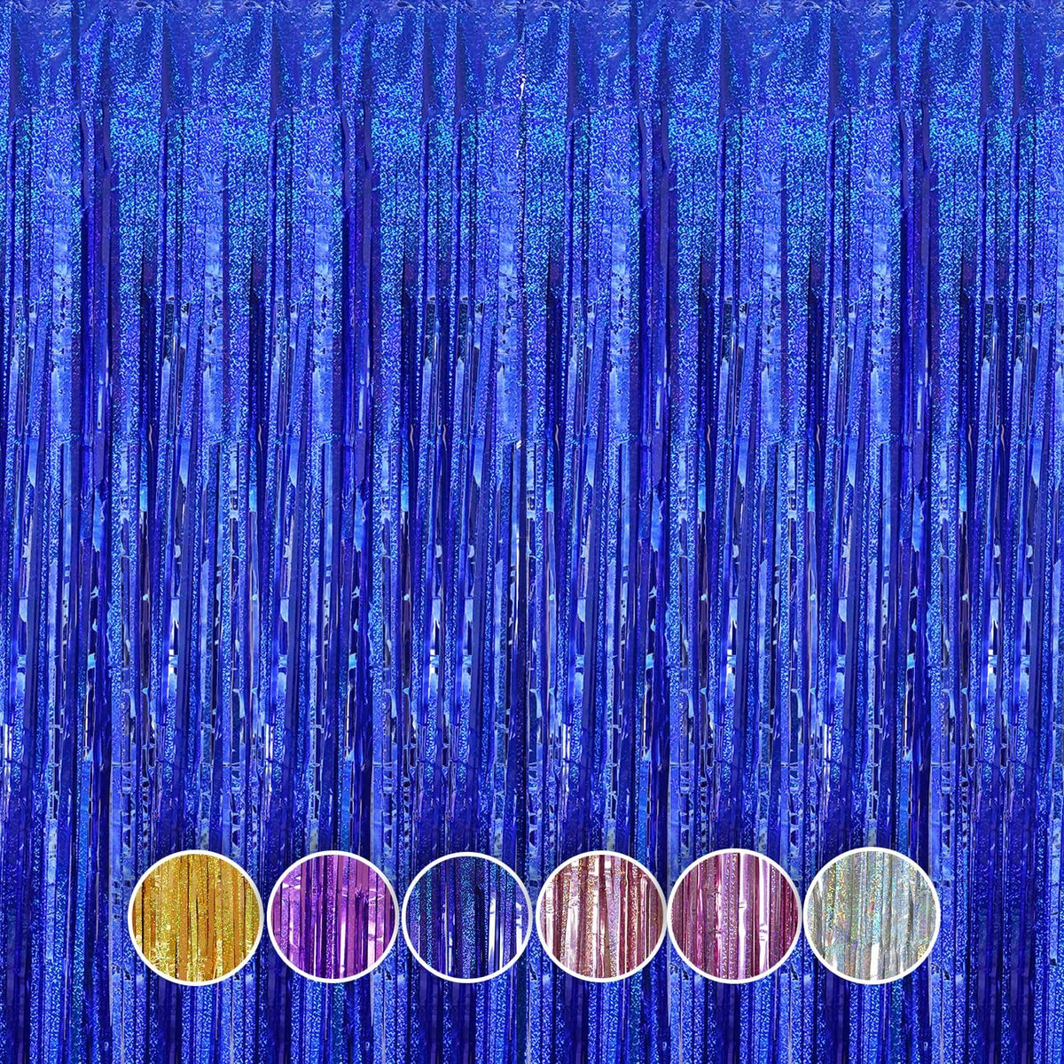 QRabbit 4 Pack Backdrop Curtains, Blue Foil Fringe Curtain Tinsel Backdrop, Party Streamers for
