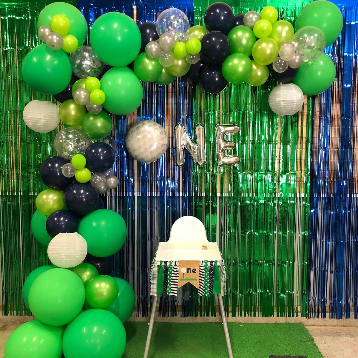 60 Pcs Navy Blue Matte Light Green Silver Latex Party Balloons with Green Silver Confetti for