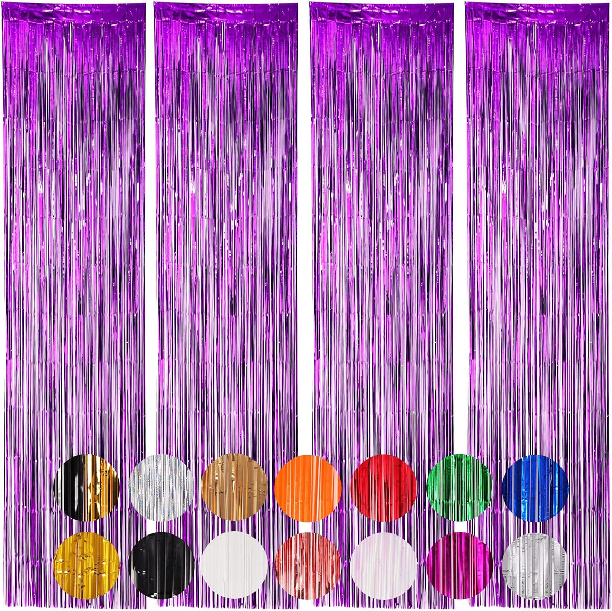 4 Pack Purple Foil Fringe Backdrop Curtains, Tinsel Streamers Birthday Party Decorations, Fringe