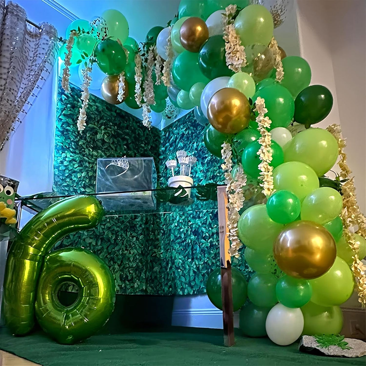 Green Gold Balloons Set, Dark Green Pearl Lime Green Metallic Gold White with Confetti Latex