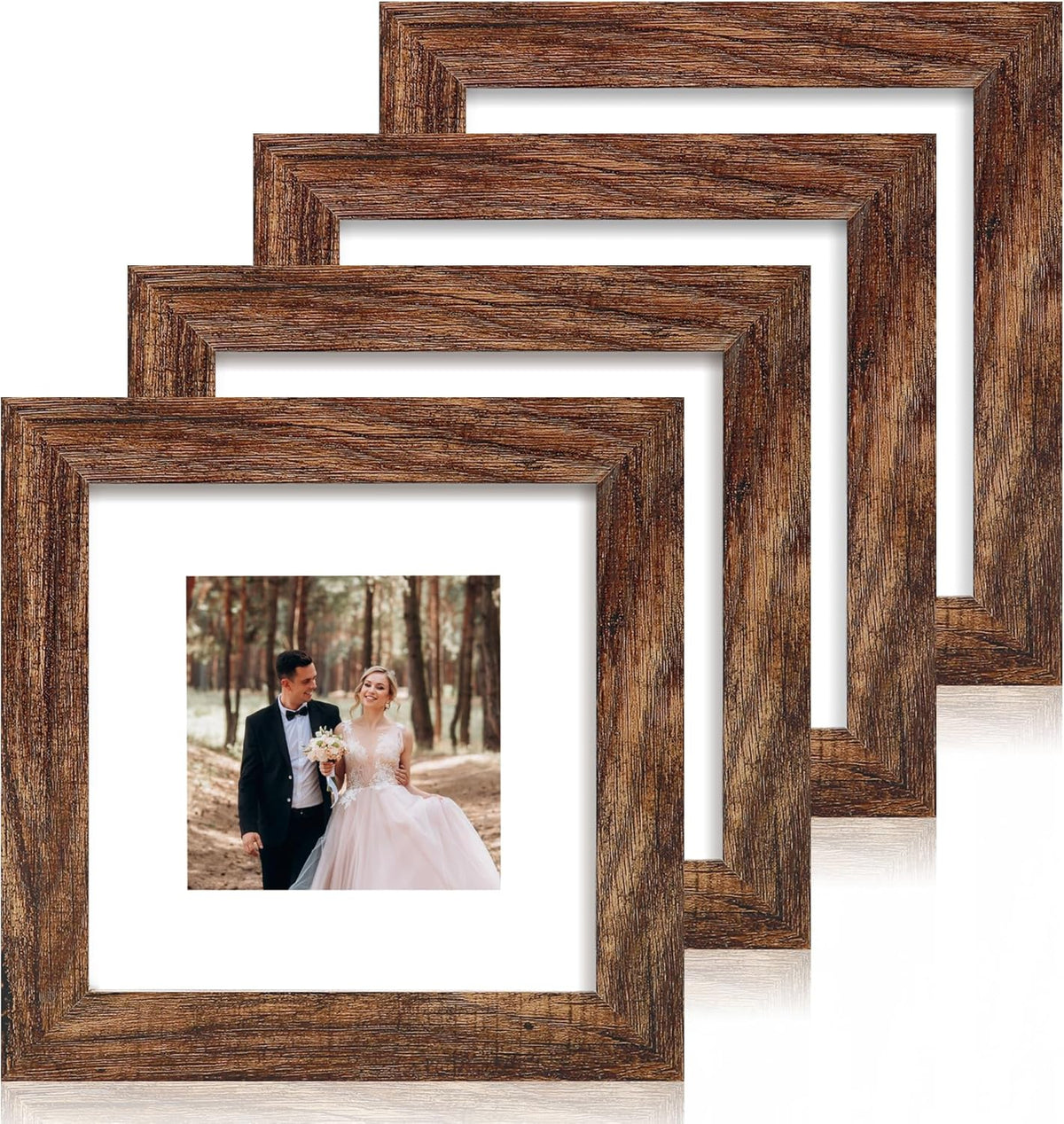 6x6 Picture Frame Set of 4 with Real Glass, Rustic Frames Display 4x4 Picture with Mat or 6 x 6