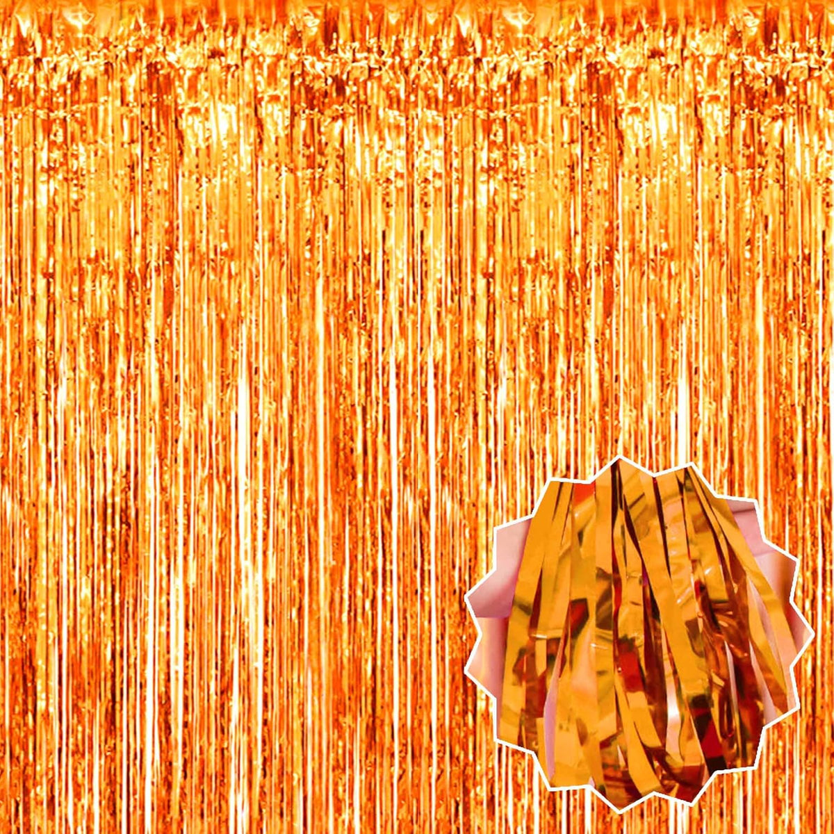 6 Pack Orange Foil Fringe Curtains Backdrop, 3.28 x 8.2 Ft Metallic Streamers Tinsel Curtains