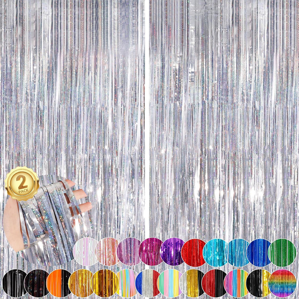 Silver Party Streamers 2Pack Metallic Tinsel Foil Fringe Curtains 3.3X 8.3ft Party Decors for Photo
