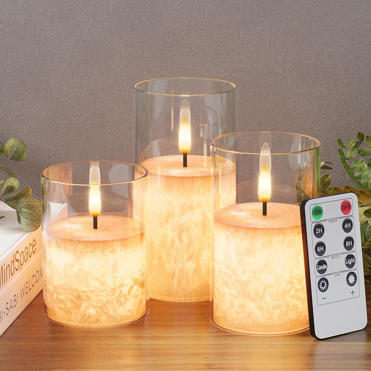 Ice Crystal Real Wax Glass Flameless Candles with Remote & Timer, Battery Operated Candles with
