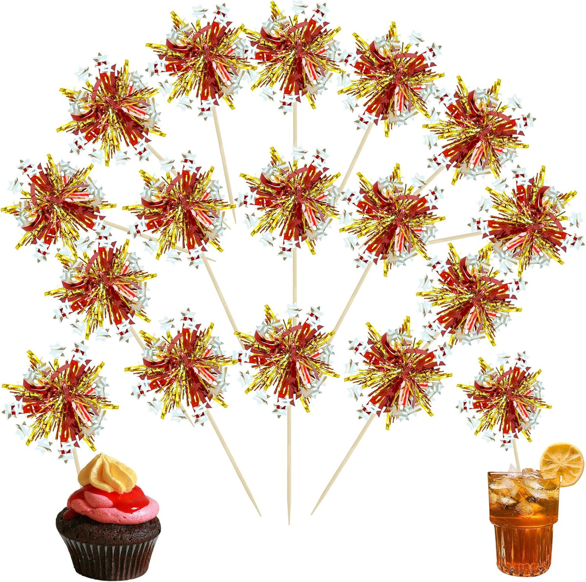 Ephlyn 30Pcs Foil Firework Cupcake Toppers Sparkle Tinsel Cupcake Picks Happy Birthday Cake