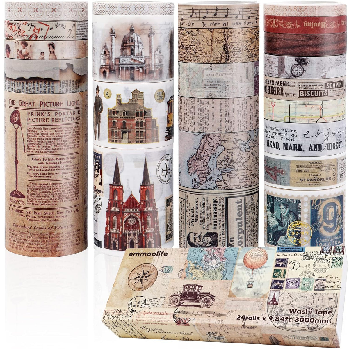 24 Rolls Vintage Washi Tape Set, Antique Car Buildings Map Stamp Stripe Writable Aesthetic Washy