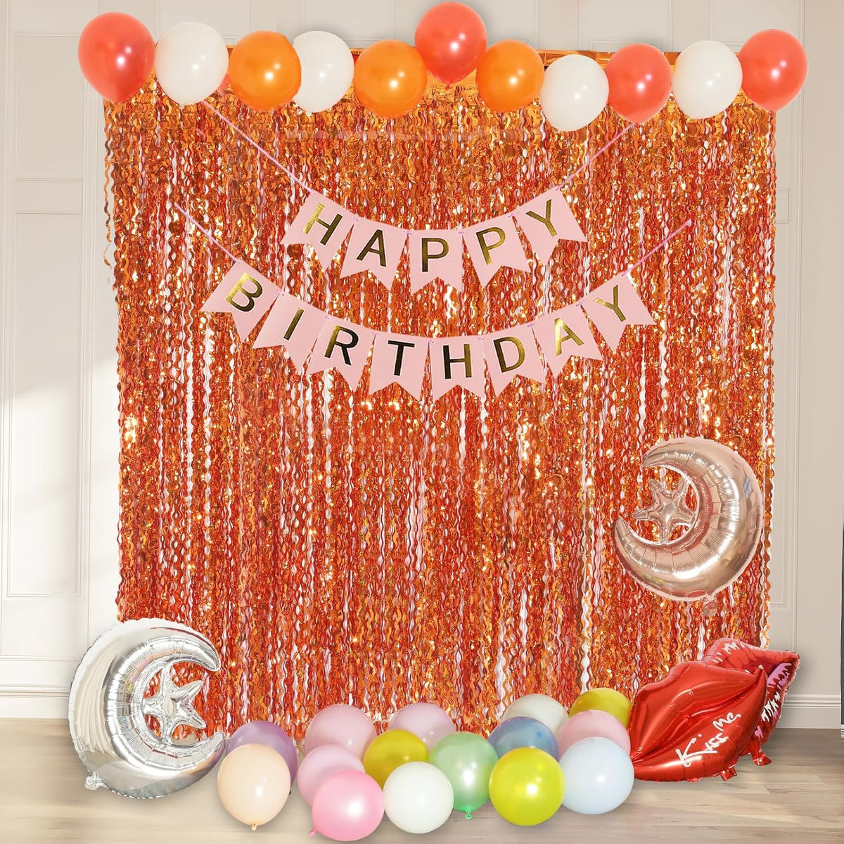 4 Pack Orange Wavy Metallic Tinsel Foil Fringe Curtains | 3.3 ft x 6.6 ft Party Streamer Backdrop