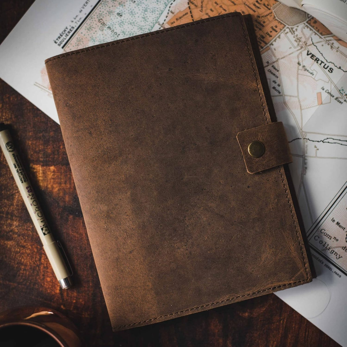 Refillable Leather Journal | Premium Lined A5 Notebook Cover | 200 Ruled Writing Pages | Card