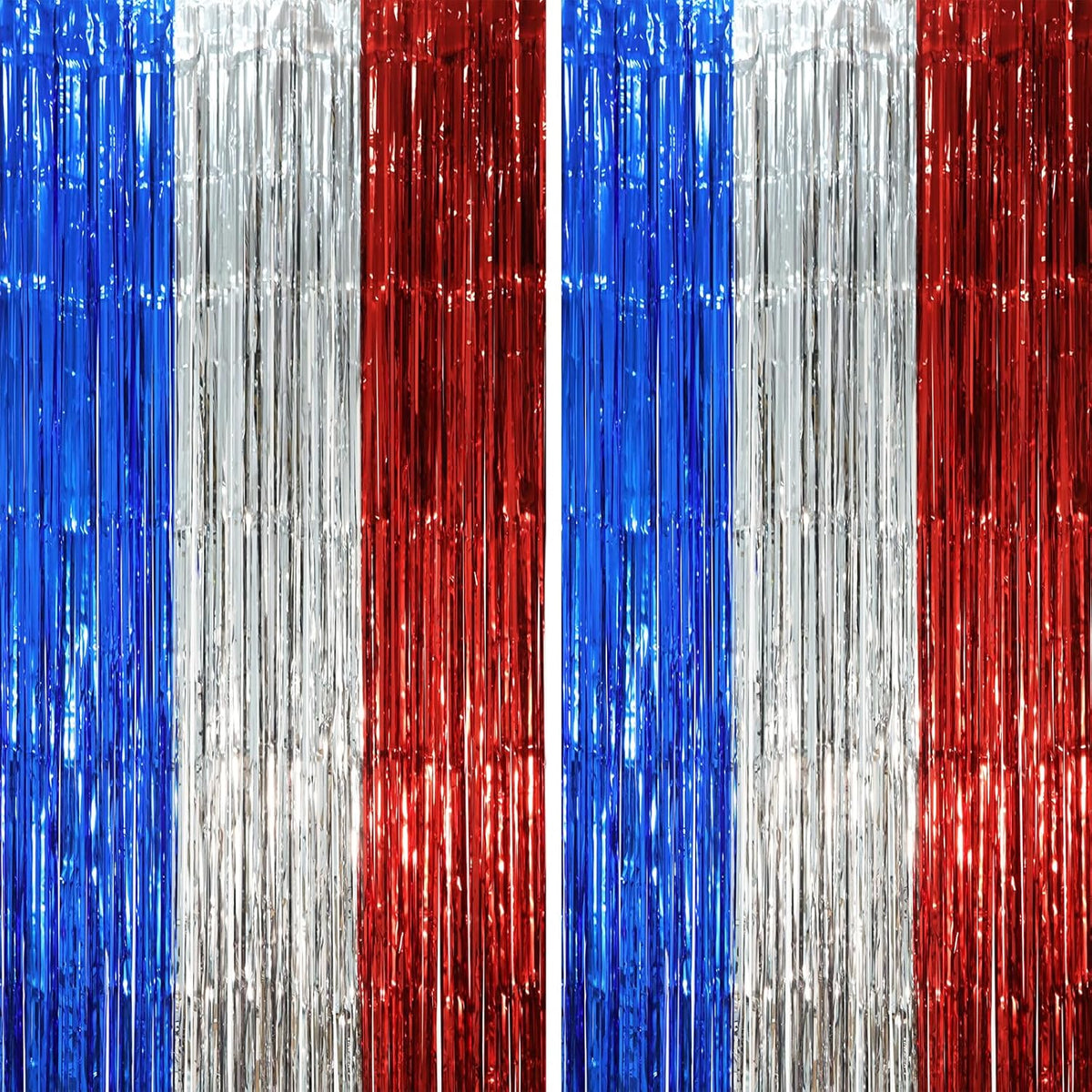 2 Pack Blue Red Silver Foil Fringe Backdrop Curtains, Tinsel Streamers Party Decorations, Fringe