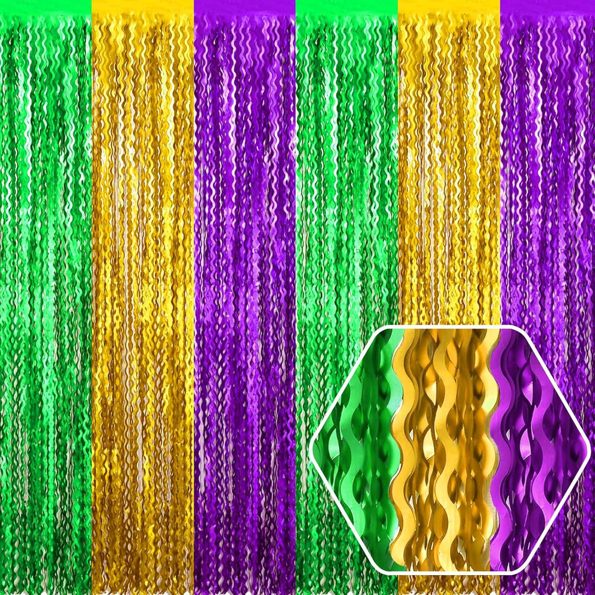 4 Pack Gold Green Purple Wave Foil Fringe Curtain Backdrop, 3.28Ft x 8.2Ft Metallic Tinsel Foil