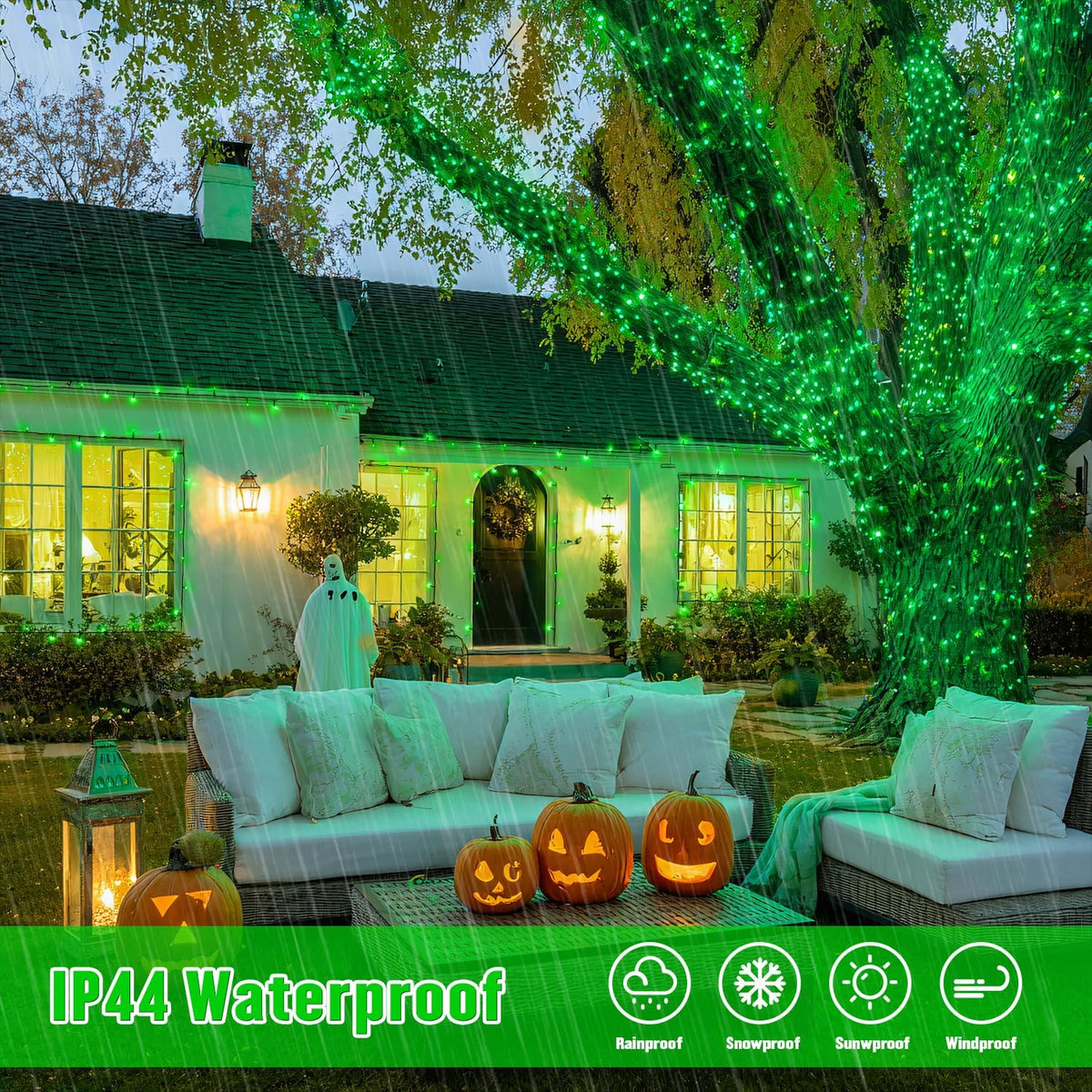 JMEXSUSS 2 Pack Green Solar Lights for Halloween, Each 100 LED 33 FT Green Christmas Lights Outdoor