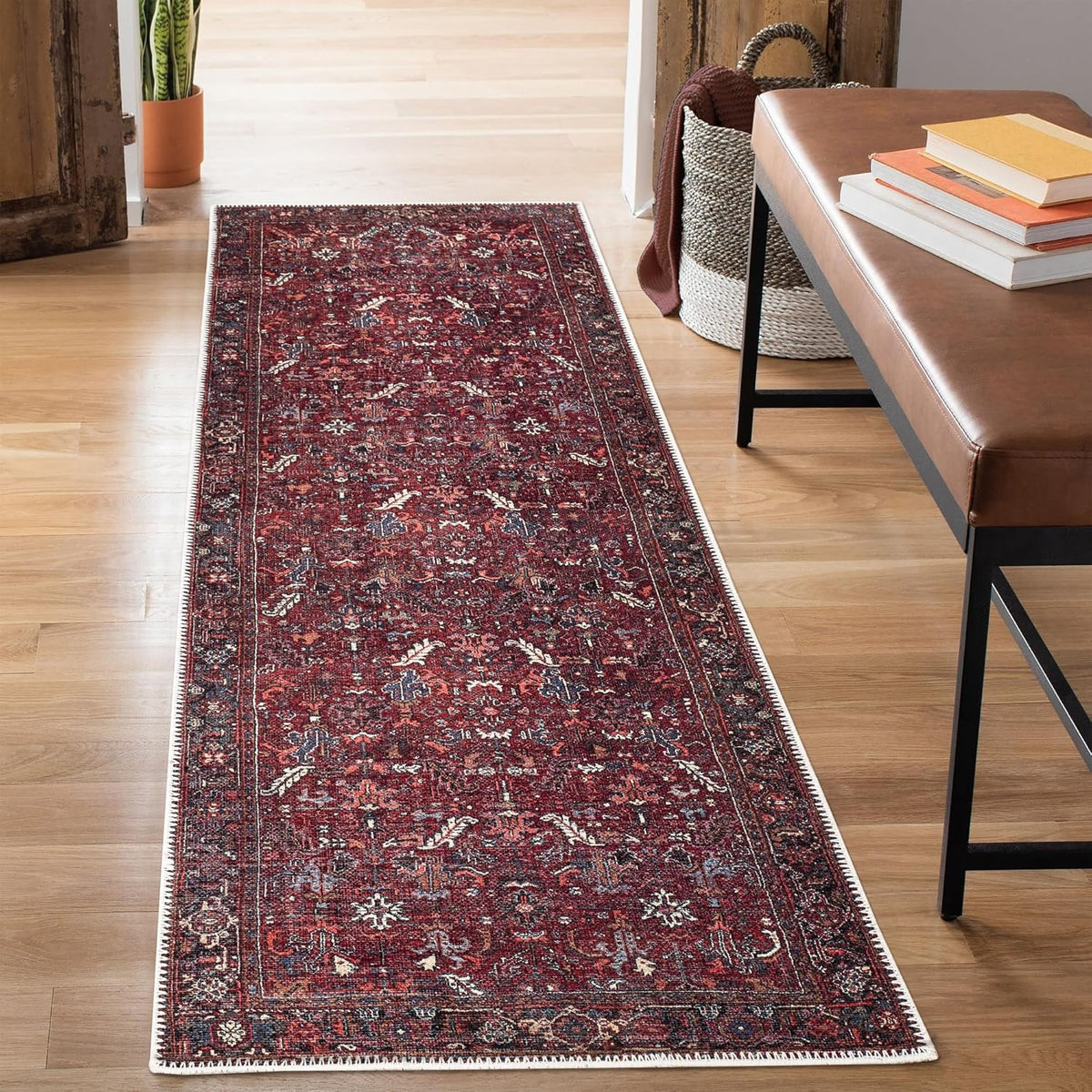 Bloom Rugs Washable Non-Slip 10 ft Runner - Burgundy Traditional Bordered Runner for Entryway