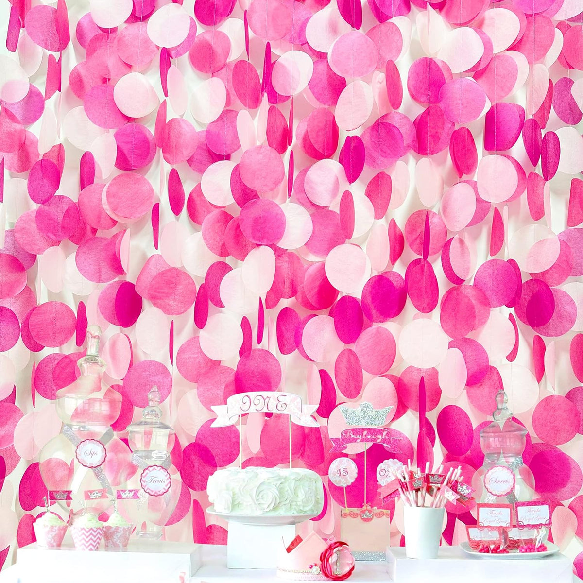 205Ft Hot Pink Party Decorations Big Circle Dots Backdrop Garland Rose Pink Tissue Paper Polka Dots