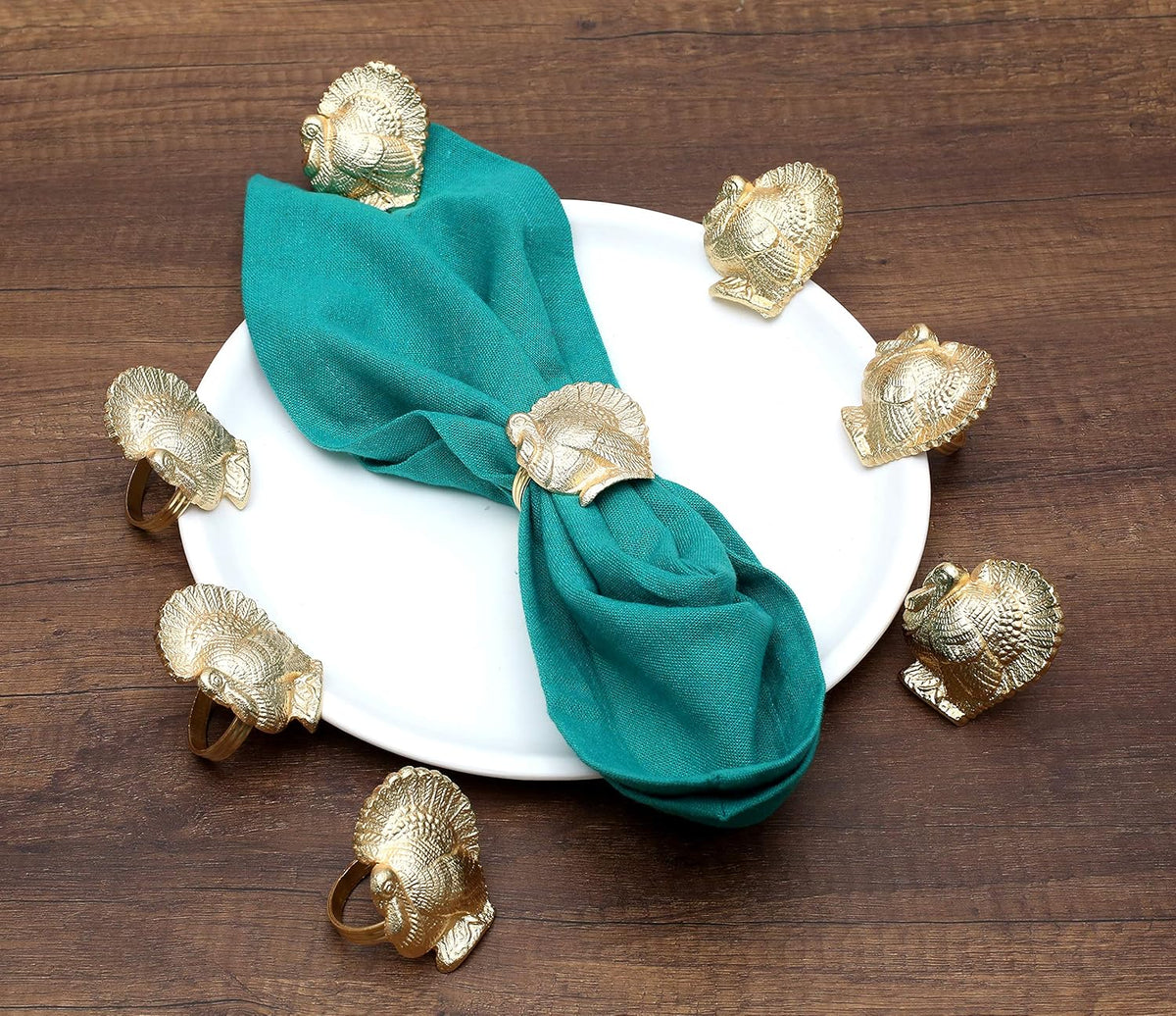 Gold Napkin Rings Set of 12 - Turkey Bird Stylish Metal Lightweight Serviette Holders for Elegant