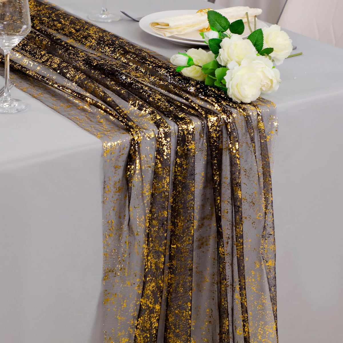Snowkingdom 6 Pcs Black & Gold Cheesecloth Table Runner 10 FT, Sheer Chiffon Sparkle Gauze Mesh