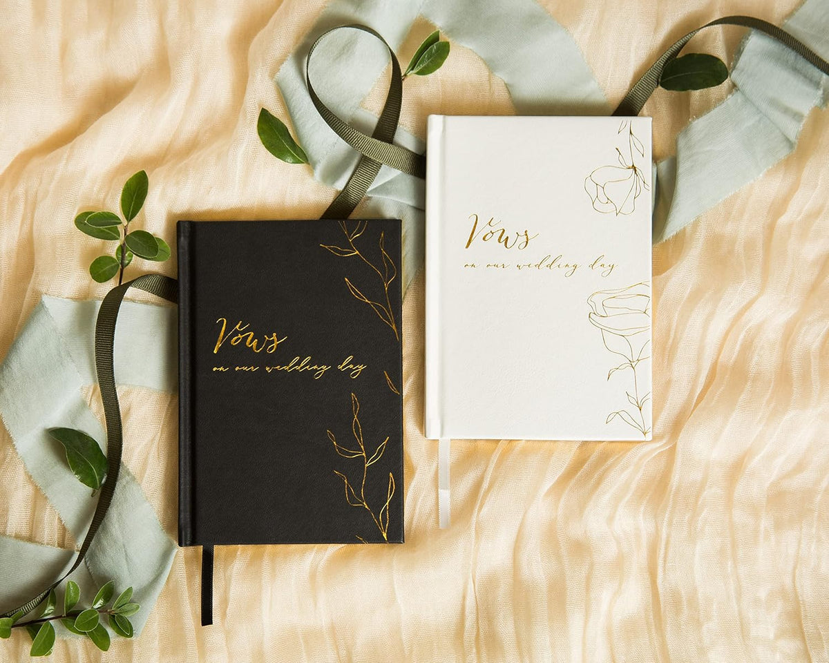MUUJEE Vows On Our Wedding Day Vow Books (Set of 2) - Black and White Gold Foil Embossed Notebook