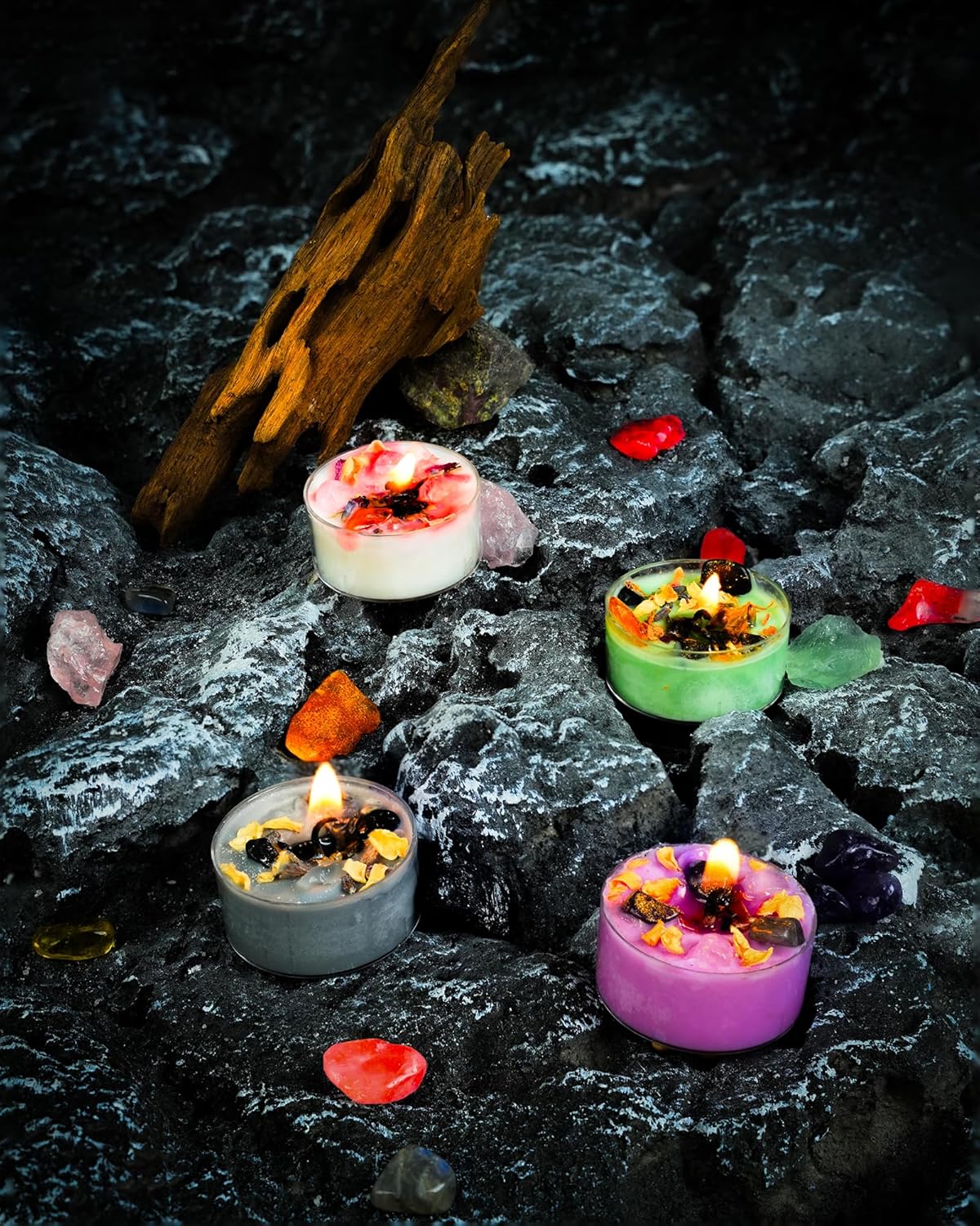 Tealight Soy Candles with Crystals And Herbs, Handmade Energy Candles, Healing Crystal Soy Candles