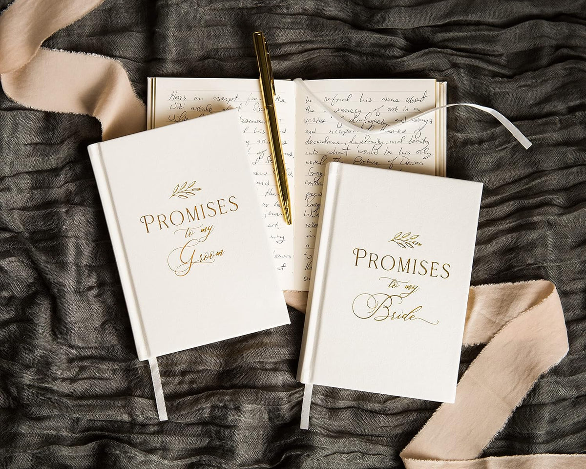 MUUJEE Promises To My Groom and Promises to My Bride Wedding Vow Books (Set of 2) - White Gold Foil